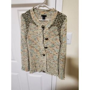 BCBGMaxAzria Colorful Whimsical Cardigan Sweater with Wood Flower Buttons Medium